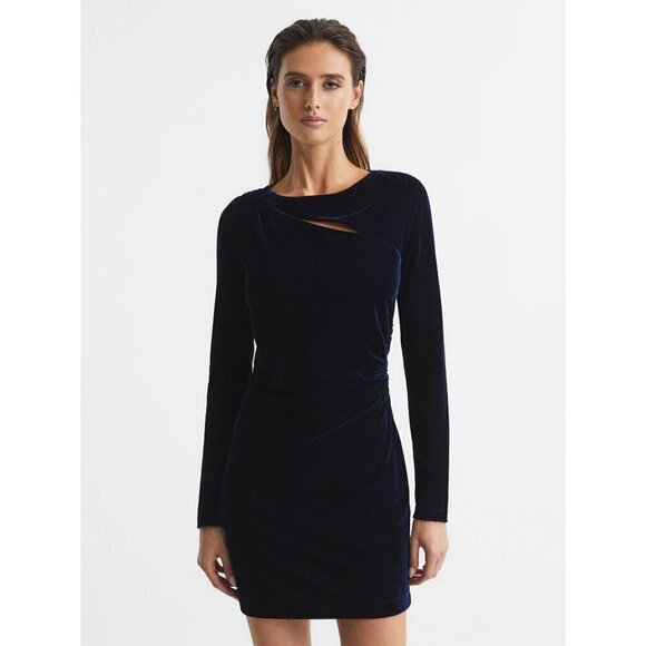 Reiss Katie Cut Out Velvet Mini Dress Navy Womens Size 4 - Picture 1 of 12
